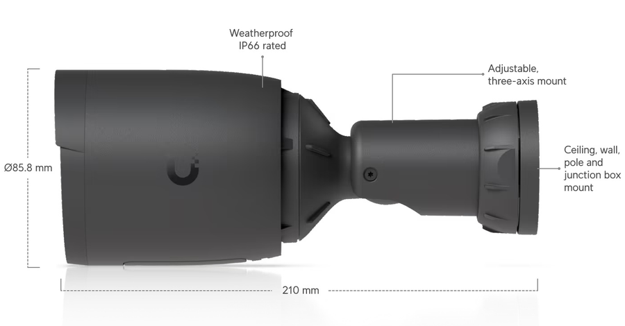 UVC-G6-Pro-Bullet-B - Ubiquiti UniFi G6 Pro Bullet Black All-weather 4K PoE+ Camera with Multi-TOPs AI Engine and 2.36x optical zoom