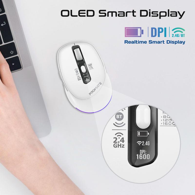 BLIX-3M-WHT - PROMATE Tri-Connect Wireless Mouse with Rechargeable Battery. 2.4G & BT Connect
