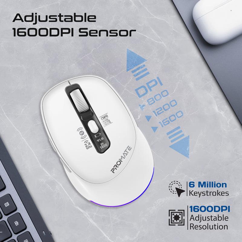 BLIX-3M-WHT - PROMATE Tri-Connect Wireless Mouse with Rechargeable Battery. 2.4G & BT Connect