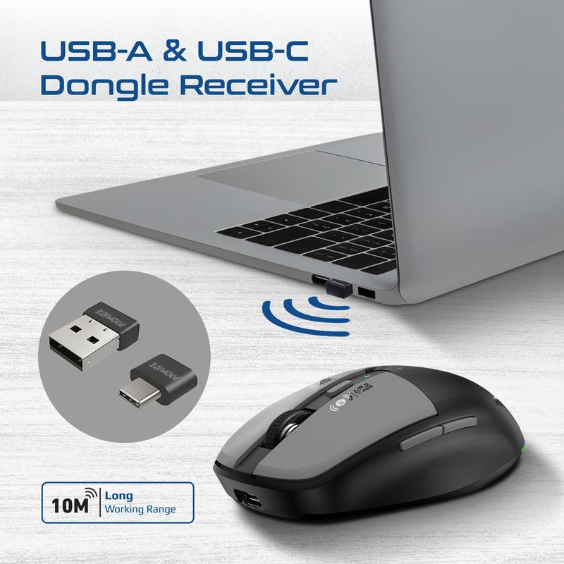 FLIXI-GRY - PROMATE Dual-Mode Wireless Mouse with Rechargeable Battery. 2.4G & BT Connect