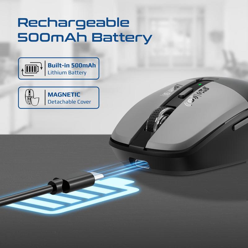 FLIXI-GRY - PROMATE Dual-Mode Wireless Mouse with Rechargeable Battery. 2.4G & BT Connect