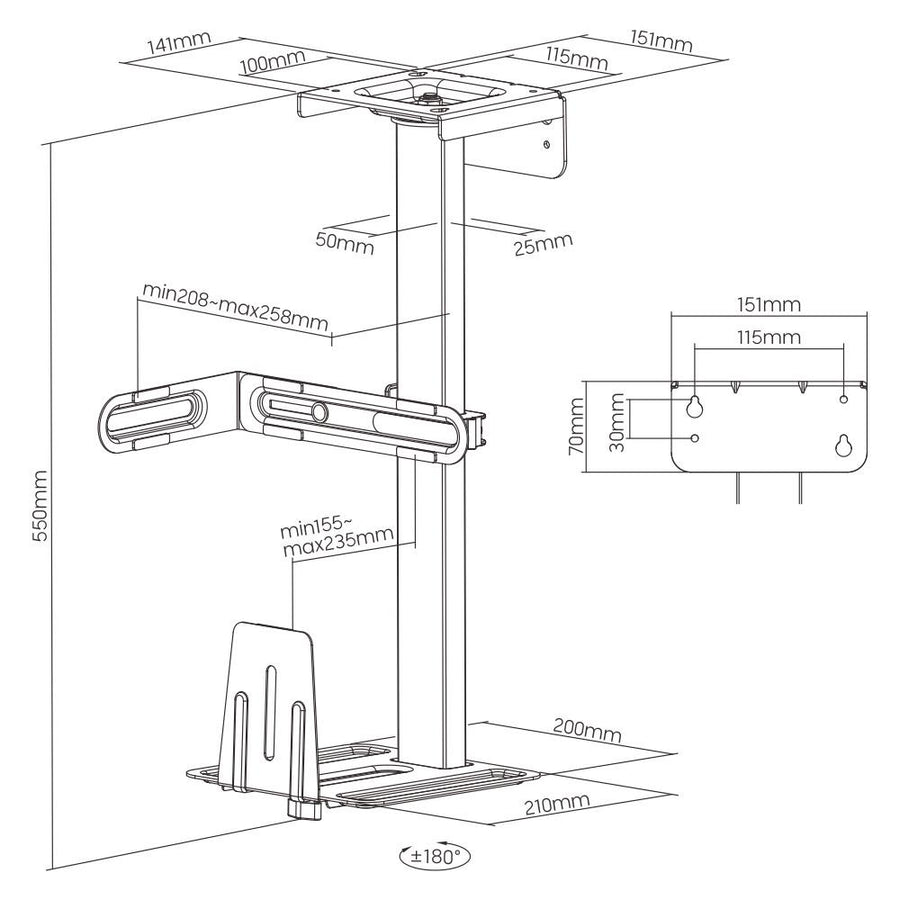 CPB-25 - BRATECK Multifunctional Under-Desk Wall Adjustable CPU Holder. 360 Swivel, Supports up to 30Kgs, Matte Black