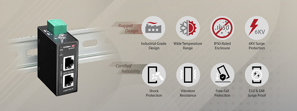 IGP-201IT - EDIMAX Industrial 2.5 Gigabit PoE+ 30W Power Injector. Supports IEEE 802.3at, Provides Power & Data, DIN-rail or Wall-mount, Operating Temp Range: -40 to 75C.