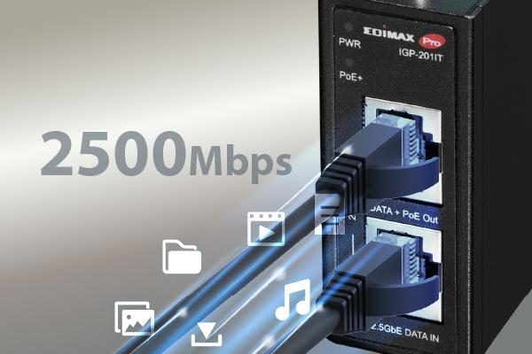 IGP-201IT - EDIMAX Industrial 2.5 Gigabit PoE+ 30W Power Injector. Supports IEEE 802.3at, Provides Power & Data, DIN-rail or Wall-mount, Operating Temp Range: -40 to 75C.