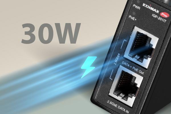 IGP-201IT - EDIMAX Industrial 2.5 Gigabit PoE+ 30W Power Injector. Supports IEEE 802.3at, Provides Power & Data, DIN-rail or Wall-mount, Operating Temp Range: -40 to 75C.