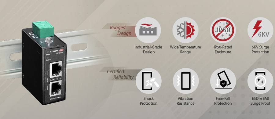 IGP-203IT - EDIMAX Industrial 2.5 Gigabit PoE++ 90W Power Injector. Supports IEEE 802.3at, IEEE 802.3at & IEEE 802.3bt, Provides Power & Data, DIN-rail or Wall-mount, IP50 Ingress Protection.