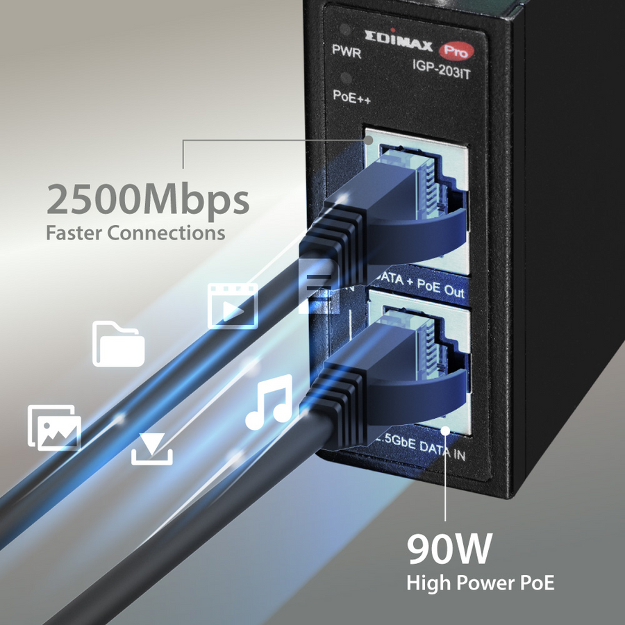 IGP-203IT - EDIMAX Industrial 2.5 Gigabit PoE++ 90W Power Injector. Supports IEEE 802.3at, IEEE 802.3at & IEEE 802.3bt, Provides Power & Data, DIN-rail or Wall-mount, IP50 Ingress Protection.
