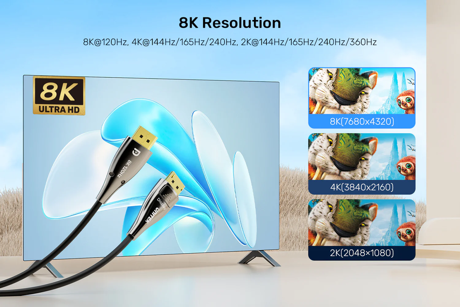 Unitek C1631ABK01-30M - 30M 8K Fiber Optic DisplayPort 2.1 Supports 54Gbps Bandwidth Up To 8K@120Hz