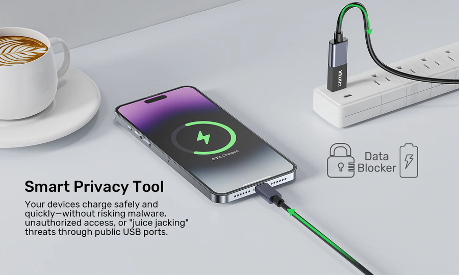 Unitek A1056A - DataShield USB-A Data Blocker Adapter. Schützt persönliche Daten mit sicherer & stabiler PD240W-Schnellladung