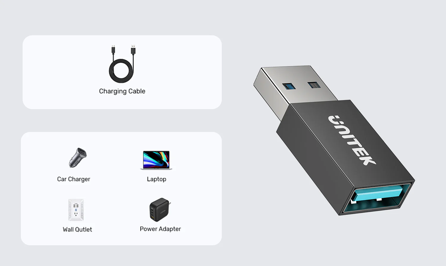 Unitek A1056A - DataShield USB-A Data Blocker Adapter. Schützt persönliche Daten mit sicherer & stabiler PD240W-Schnellladung