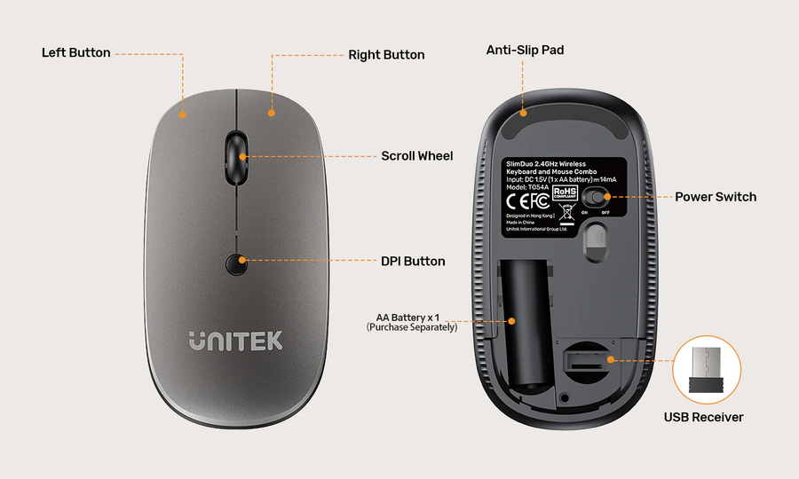 Unitek T054A - 2.4G Wireless Keyboard & Mouse Combo. Space Grey