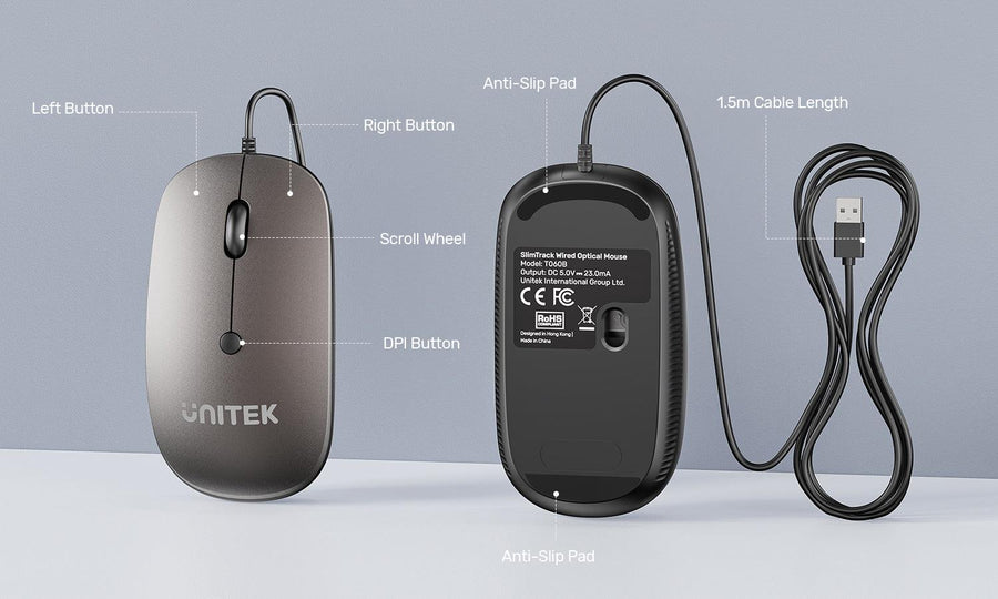 T060B - UNITEK Wired Mouse Space Grey