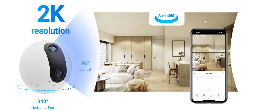 EZVIZ C60P - 4MP (2K+) Indoor WiFi Camera w/ Dual Lens. Motorized Horizontal 360 Pan View