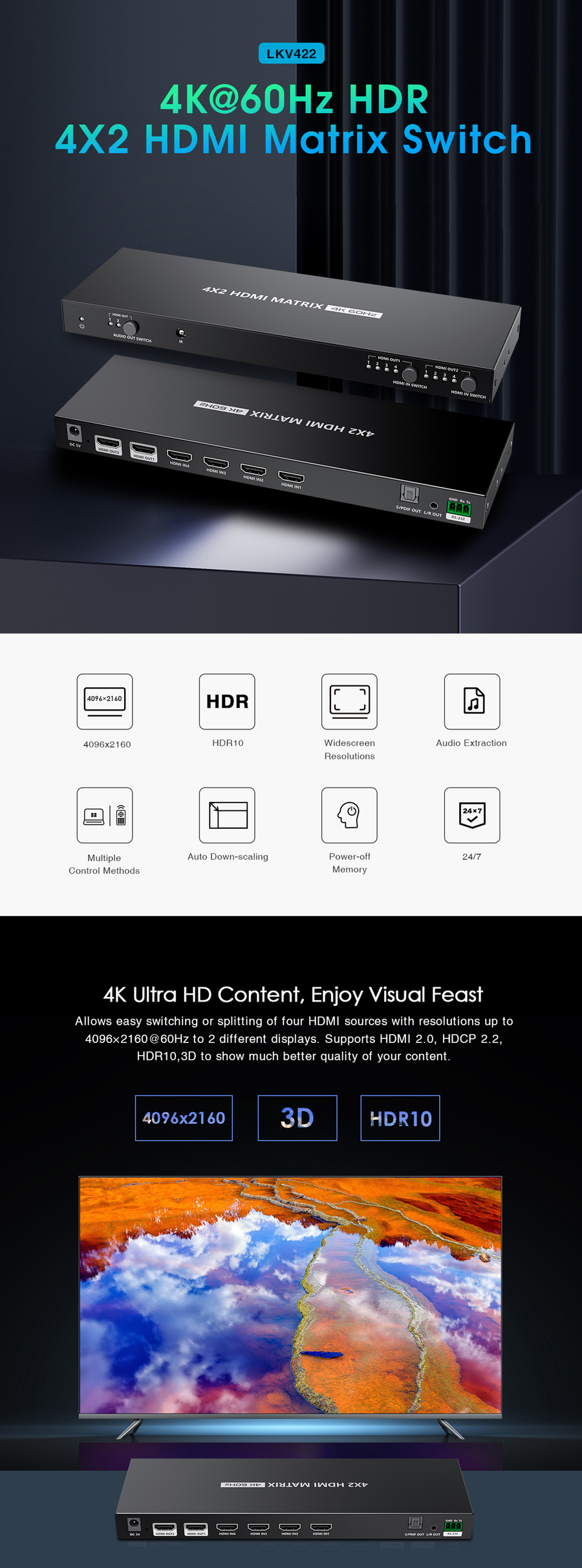 LENKENG LKV422 - 4-In-2-out HDMI Matrix Switch Supports 4096x2160@60Hz HDR RSR-232, Remote Control