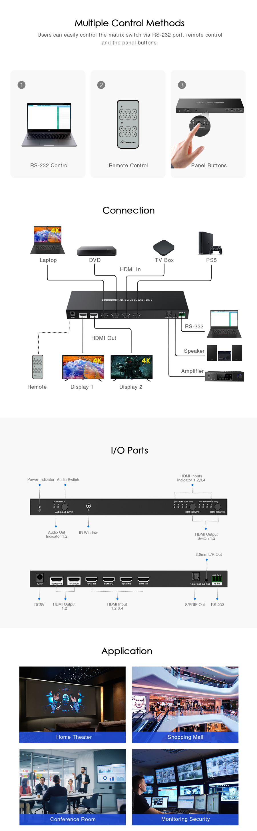 LENKENG LKV422 - 4-In-2-out HDMI Matrix Switch Supports 4096x2160@60Hz HDR RSR-232, Remote Control