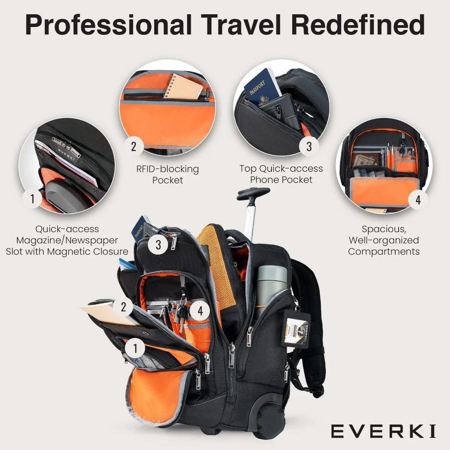 EVERKI EKP122B-ECO - Atlas Wheeled Laptop Backpack. Notebooks 13-17.3''. Felt-lined iPad/Kindle/tablet