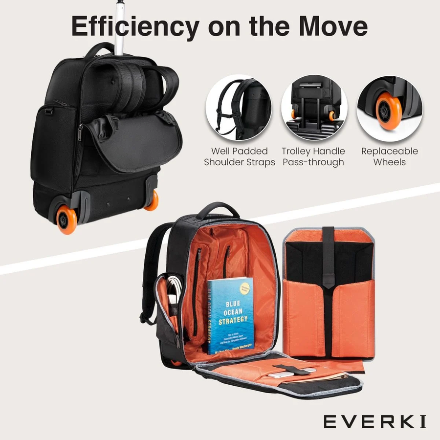 EVERKI EKP122B-ECO - Atlas Wheeled Laptop Backpack. Notebooks 13-17.3''. Felt-lined iPad/Kindle/tablet