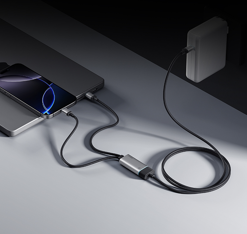 CUKTECH 100W 5A 1.35m USB-C to 2 USB-Cs Fast Charging Braided Cable - Black-