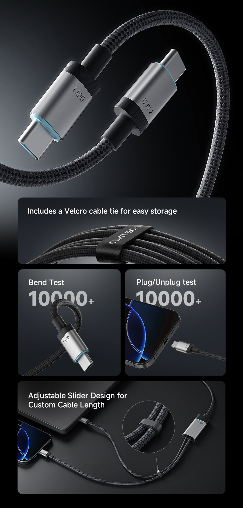 CUKTECH 100W 5A 1.35m USB-C to 2 USB-Cs Fast Charging Braided Cable - Black-