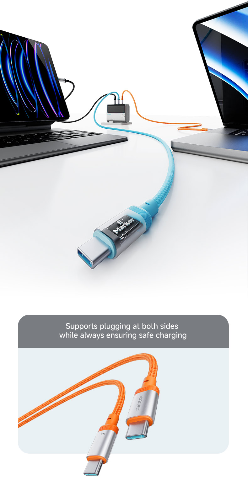 CUKTECH 240W 6A 1.5m USB-C to USB-C Fast Charging Braided Cable - Black -