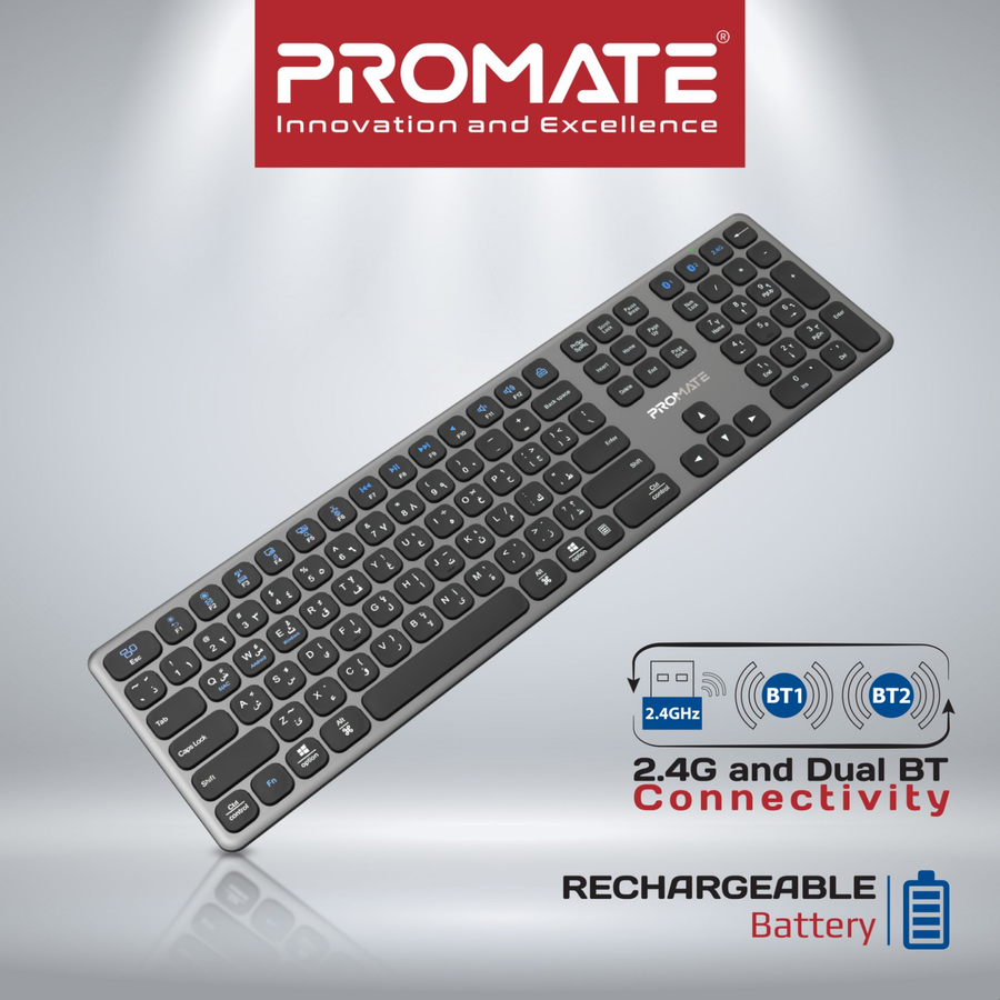 Promate PROKEYS-XS - Full-Size Triple-Mode Wireless Keyboard with Scissor Keys & Silent Keys, Angled Kickstand