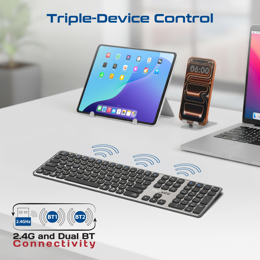 Promate PROKEYS-XS - Full-Size Triple-Mode Wireless Keyboard with Scissor Keys & Silent Keys, Angled Kickstand
