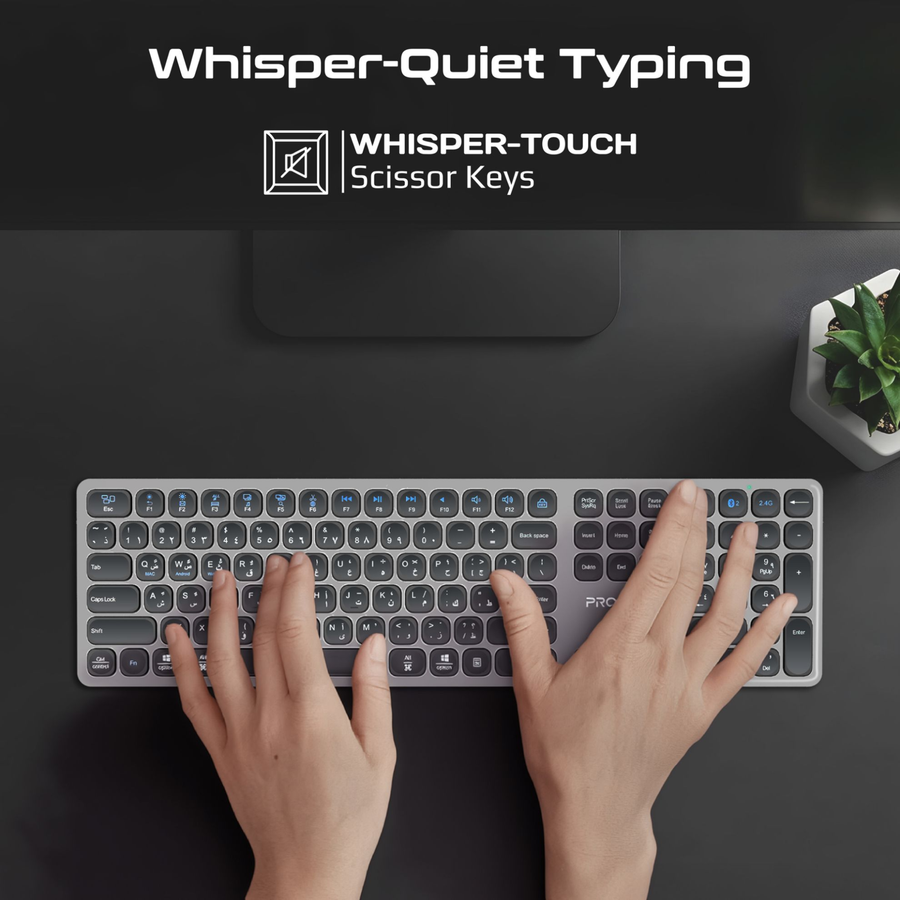 Promate PROKEYS-XS - Full-Size Triple-Mode Wireless Keyboard with Scissor Keys & Silent Keys, Angled Kickstand