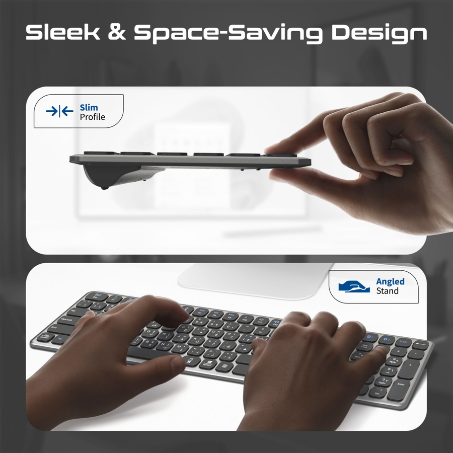 Promate PROKEYS-XS - Full-Size Triple-Mode Wireless Keyboard with Scissor Keys & Silent Keys, Angled Kickstand