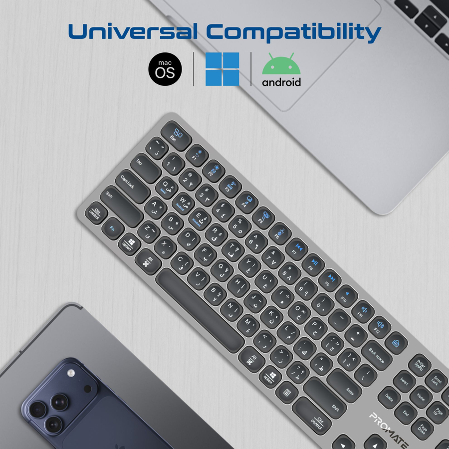 Promate PROKEYS-XS - Full-Size Triple-Mode Wireless Keyboard with Scissor Keys & Silent Keys, Angled Kickstand