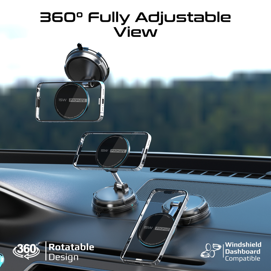 Promate REVOMOUNT-15W - SecureGrip 360 Cradleless 15W MagSafe Compatible SmartPhone Charger Mount