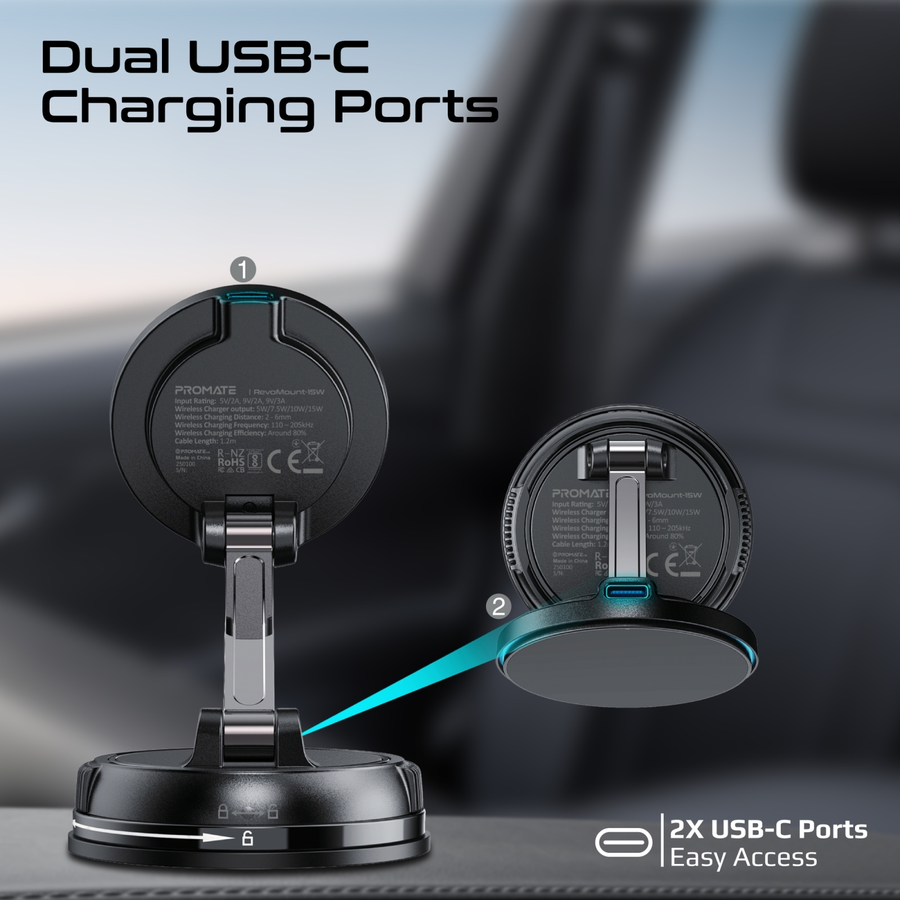 Promate REVOMOUNT-15W - SecureGrip 360 Cradleless 15W MagSafe Compatible SmartPhone Charger Mount