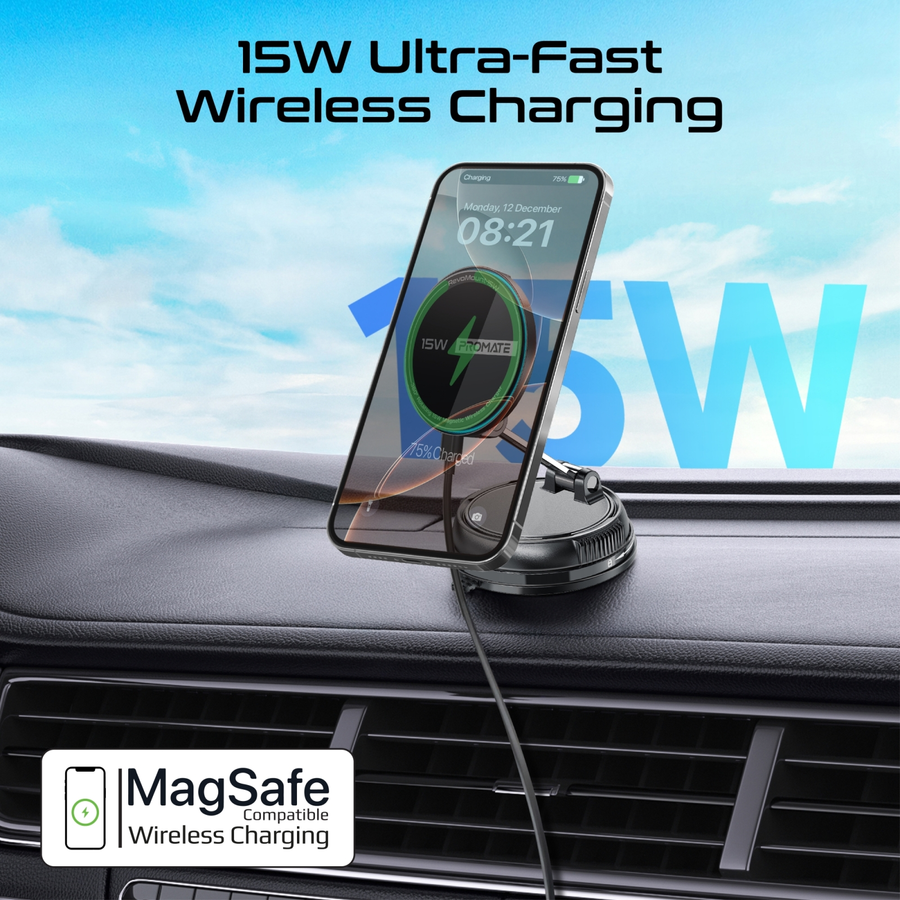 Promate REVOMOUNT-15W - SecureGrip 360 Cradleless 15W MagSafe Compatible SmartPhone Charger Mount
