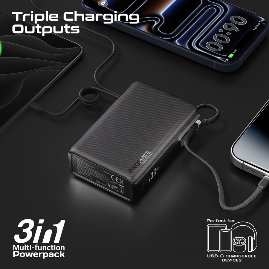 Promate TITAN-35W - 20000mAh Ultra Compact 35W SuperSpeed Power Bank with Built-in USB-C Cable