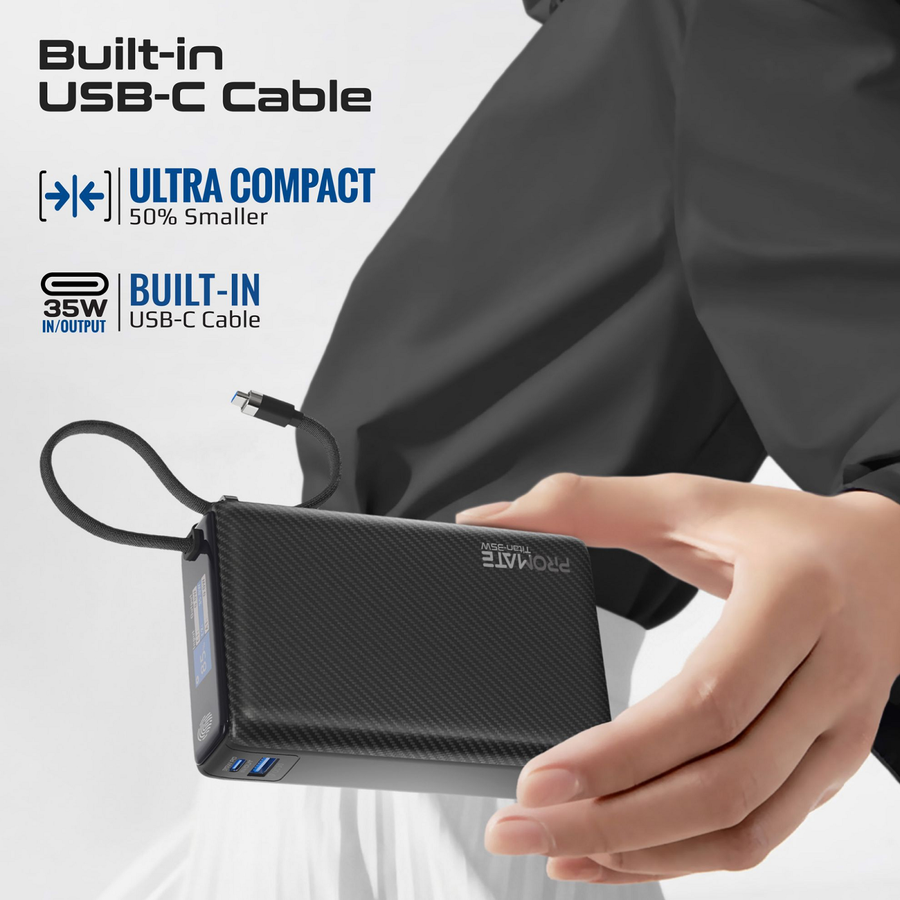 Promate TITAN-35W - 20000mAh Ultra Compact 35W SuperSpeed Power Bank with Built-in USB-C Cable