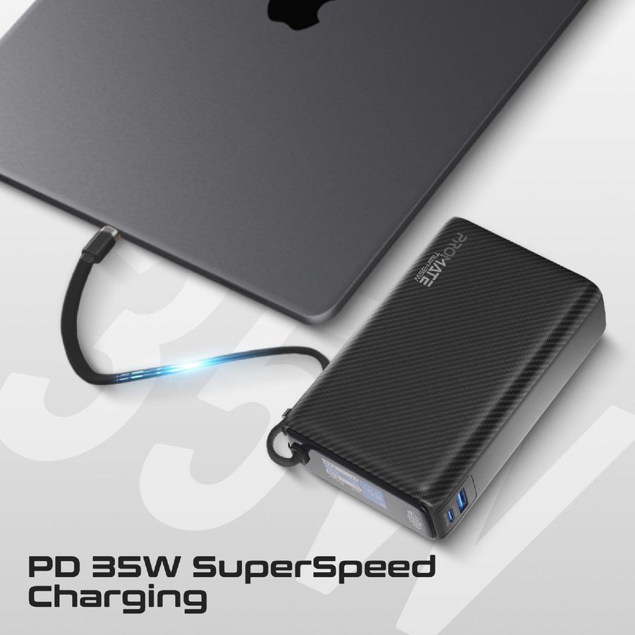 Promate TITAN-35W - 20000mAh Ultra Compact 35W SuperSpeed Power Bank with Built-in USB-C Cable
