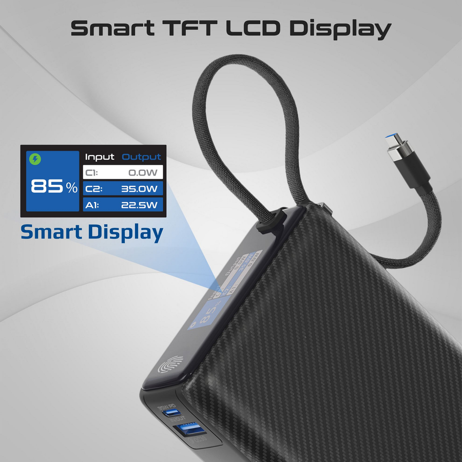 Promate TITAN-35W - 20000mAh Ultra Compact 35W SuperSpeed Power Bank with Built-in USB-C Cable