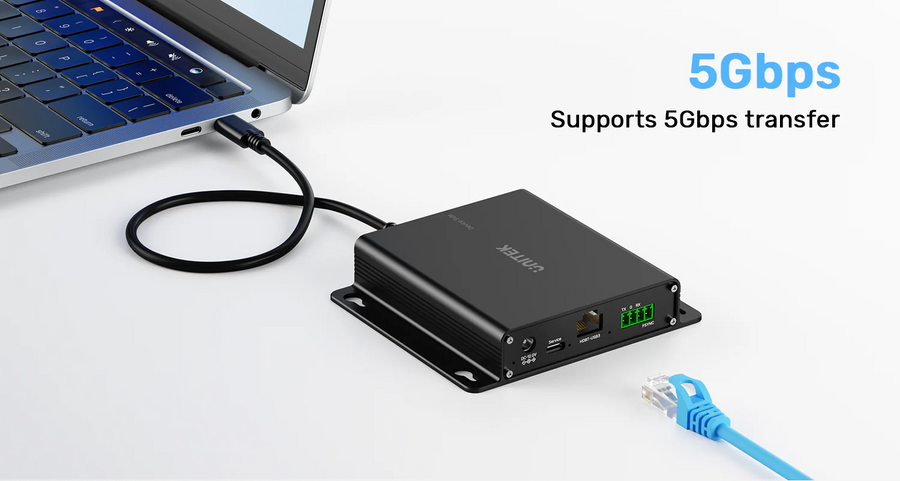 U1337B - UNITEK 100M USB 5Gbps Extender transmits USB signals over 100m via CAT6a cable. Perfect for industrial cameras, medical devices, and video calls. Features 7-port hub, low latency, and supports FSYNC, UART, RS232 protocols.