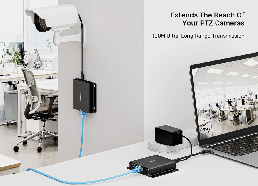 U1337B - UNITEK 100M USB 5Gbps Extender transmits USB signals over 100m via CAT6a cable. Perfect for industrial cameras, medical devices, and video calls. Features 7-port hub, low latency, and supports FSYNC, UART, RS232 protocols.