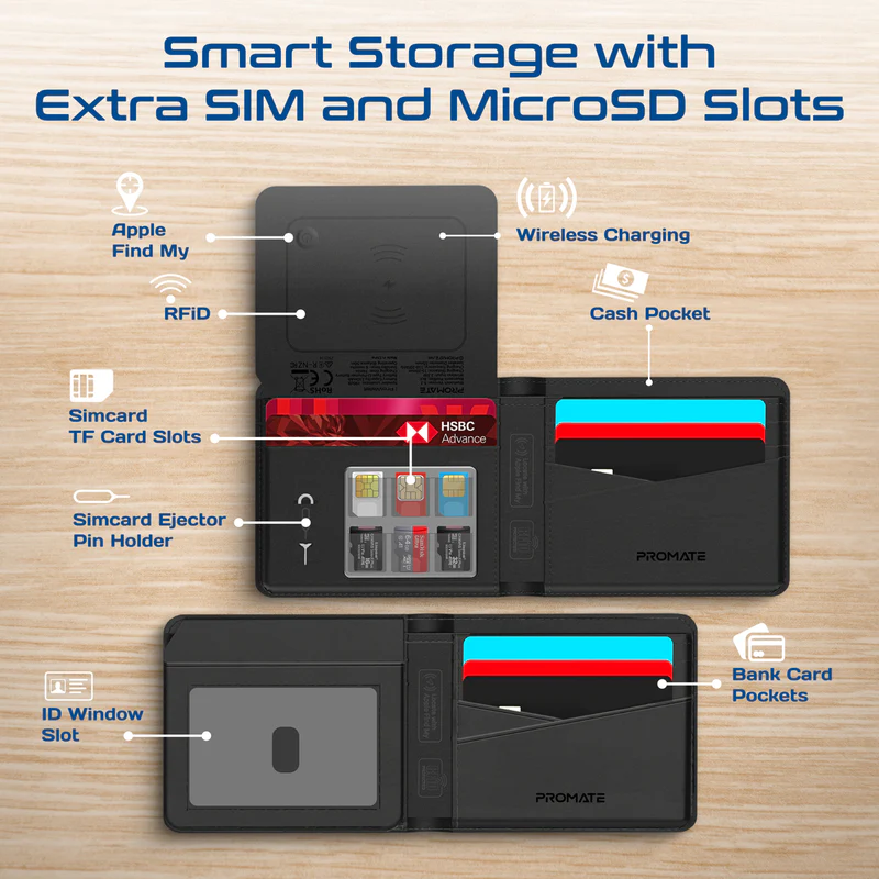 Promate PROWALLET-BLK - Anti-Loss Slim Leather Wallet With RFID Protection & Smart Tracking.
