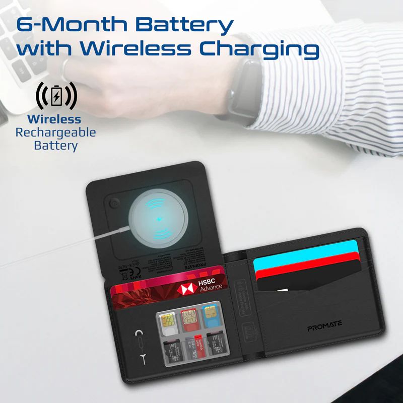 Promate PROWALLET-BLK - Anti-Loss Slim Leather Wallet With RFID Protection & Smart Tracking.