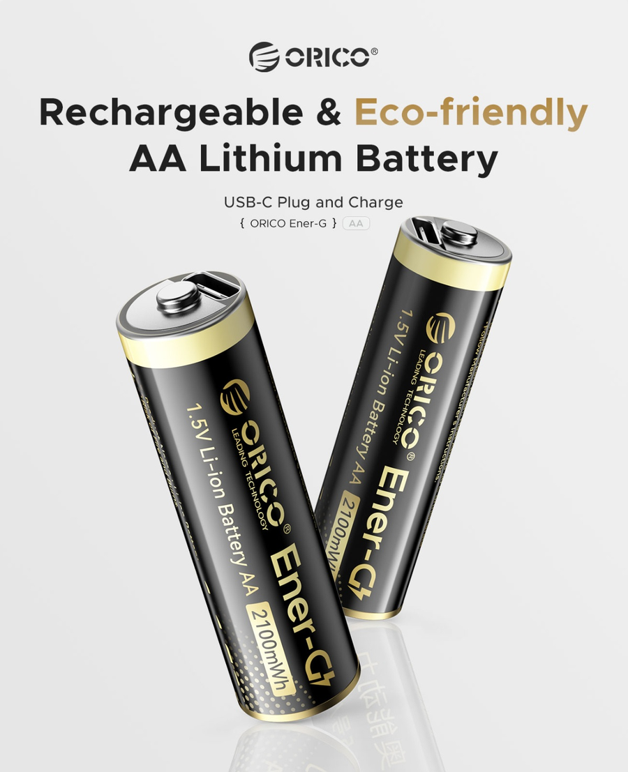 Orico Smart AA USB-C Rechargeable Lithium Battery (2 Pack Bundle) with Charging Cable and Box 2100mWh, 4-in-One USB-C Cable Included