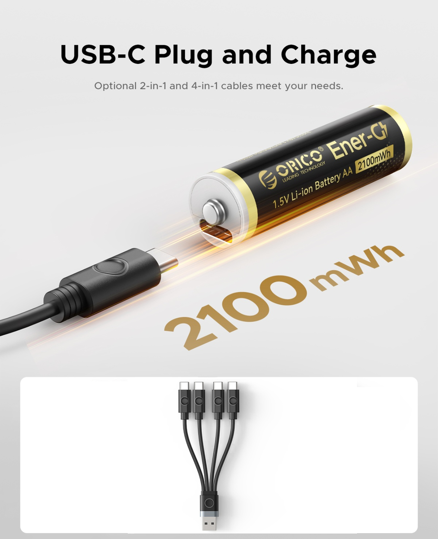 Orico Smart AA USB-C Rechargeable Lithium Battery (2 Pack Bundle) with Charging Cable and Box 2100mWh, 4-in-One USB-C Cable Included