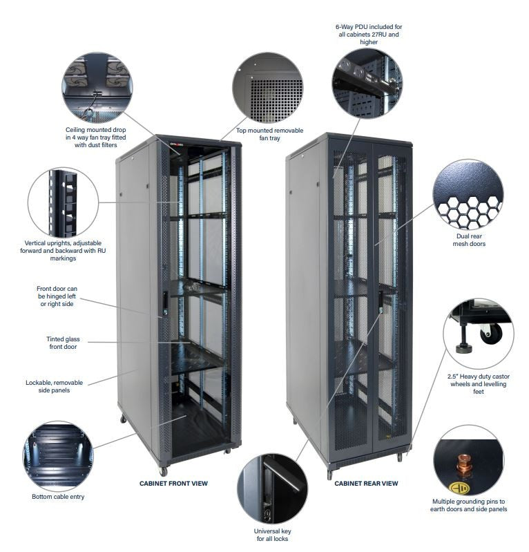 DYNAMIX RSR12-6X7 - 12RU Server Cabinet 700mm deep (600x700x743mm). Incl. 1x Fixed Shelf 4x Fans 25x Cage