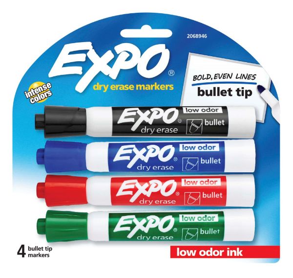 EXPO 2081760 - Dry Erase Markers Bullet Marker 4-Pack. 4x Assorted Red Blue Green & Black