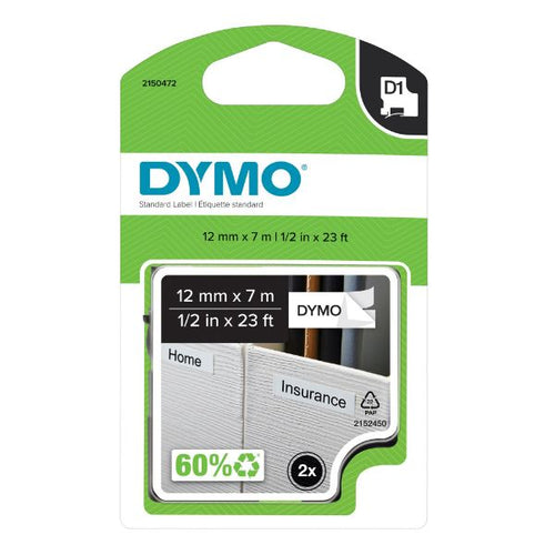 2150472 - DYMO 2150472 - Tape D1 12MMX7M BLK/WHT 2 Pack
