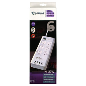 SPB0155 - Sansai 6 Way Surge Powerboard with 3x USB, 1x USB-C Charging Ports