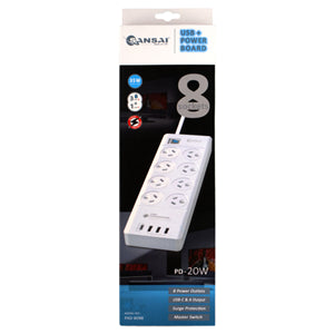 SPB0159 - Sansai 8 Way Surge Powerboard with 3x USB, 1x USB-C Charging Ports