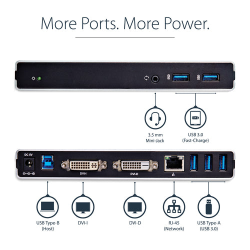 USB3SDOCKDD - STARTECH.COM USB 3.0 DOCKING STATION DUAL MONITOR DVI/VGA/HDMI, 5XUSB, GBE 3 YR