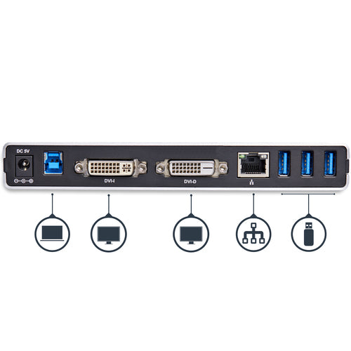 USB3SDOCKDD - STARTECH.COM USB 3.0 DOCKING STATION DUAL MONITOR DVI/VGA/HDMI, 5XUSB, GBE 3 YR