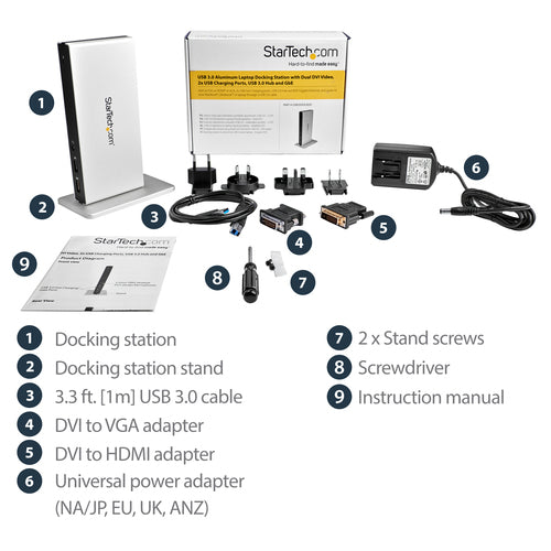 USB3SDOCKDD - STARTECH.COM USB 3.0 DOCKING STATION DUAL MONITOR DVI/VGA/HDMI, 5XUSB, GBE 3 YR